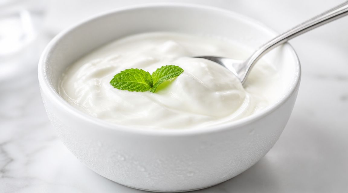 A white bowl filled with creamy yogurt topped with fresh mint leaves and a silver spoon.